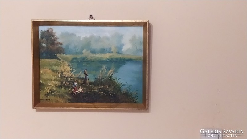 Painting with waterfront figures 43x33 marked, signed