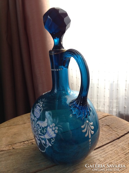 Antique handmade glass jug with stopper, enamel painted