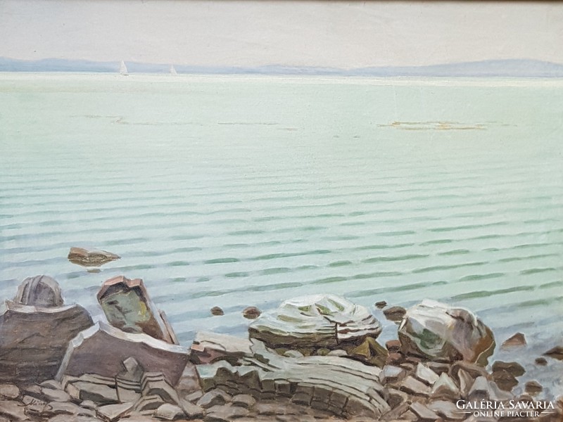 Ismeretlen festő: Párás Balaton, 60x80 cm.