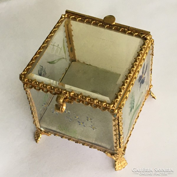 Antique stained glass gilded copper jewelry box