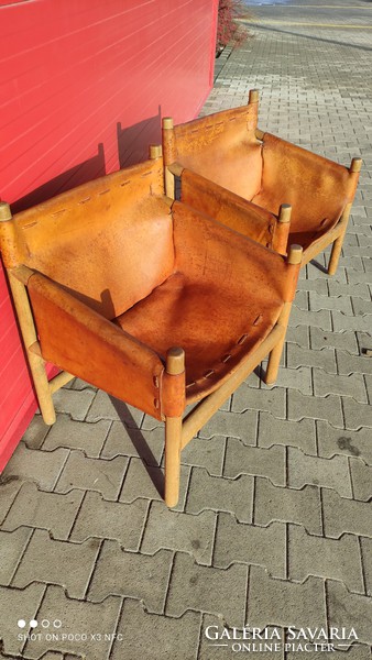 Mid century Scandinavian design wooden + leather armchair armchair 2 pieces