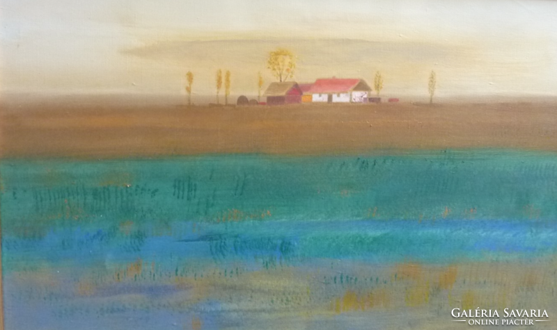 István Moldován: lowland - oil landscape with frame 62x92 cm (farm, nature, plain, field, trees, farm)
