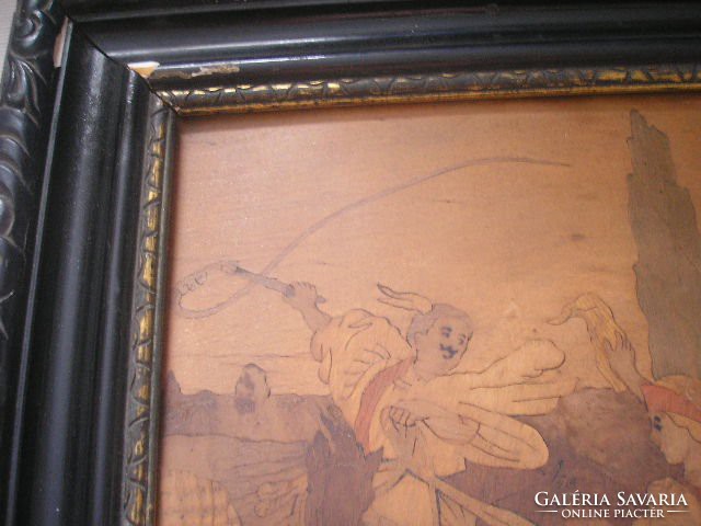 Antik Intarzia berakásos művészi színes lovas kép, ami igen részletgazdag ritkaság 40 x 34 cm
