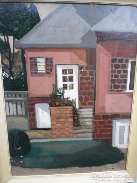 Judit Csernó (1925-2000) in front of the house, oil on canvas. Bernáth a. Student, Mácsy Prize winner