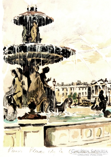 Franz Herbelot: The Concorde Square in Paris - lithographed watercolor, framed