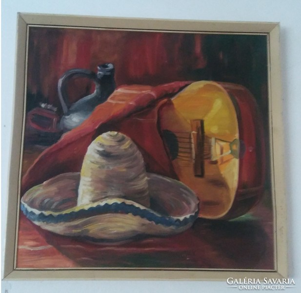 Still life with sombrero - oil / canvas painting - larger size about 80 cm x 80 cm