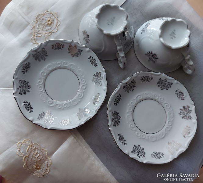 Német porcelán teás készletek, GKC Bavaria, egyedi különleges ezüst mintázattal, hibátlan, jelzett