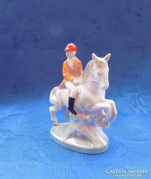 Old foreign German equestrian jockey porcelain figurine violet vase 11 cm (po-1)