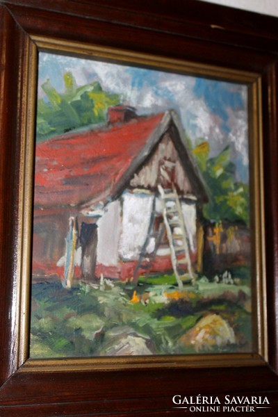 Szamecz Béla _ falusi ház - olaj / falap festmény vastag tölgyfa keretben