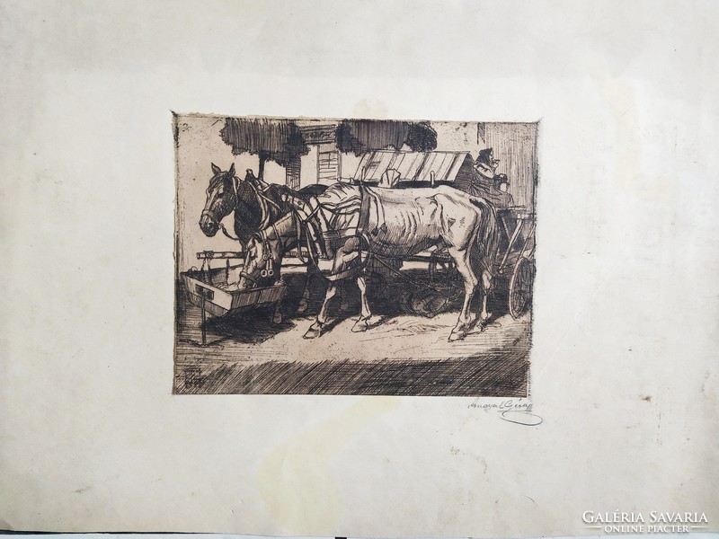 Angela gauze copper engraving, village life with oxen