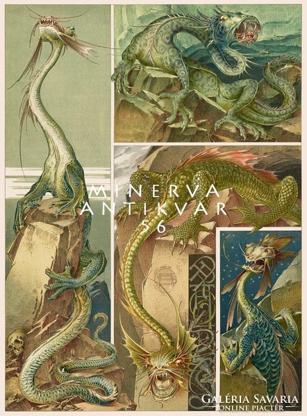 Sárkányok I. A. Seder 1896 szecessziós nyomat reprint, fantasy, mitológia, legenda, kitalált lények