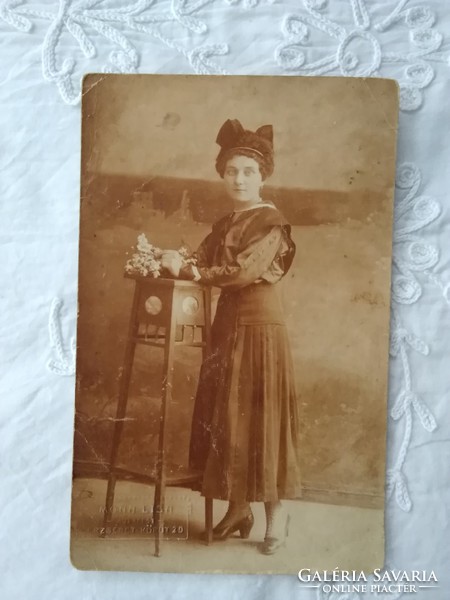 Antique sepia studio photo, young woman in bow headdress, mona list budapest studio 1918