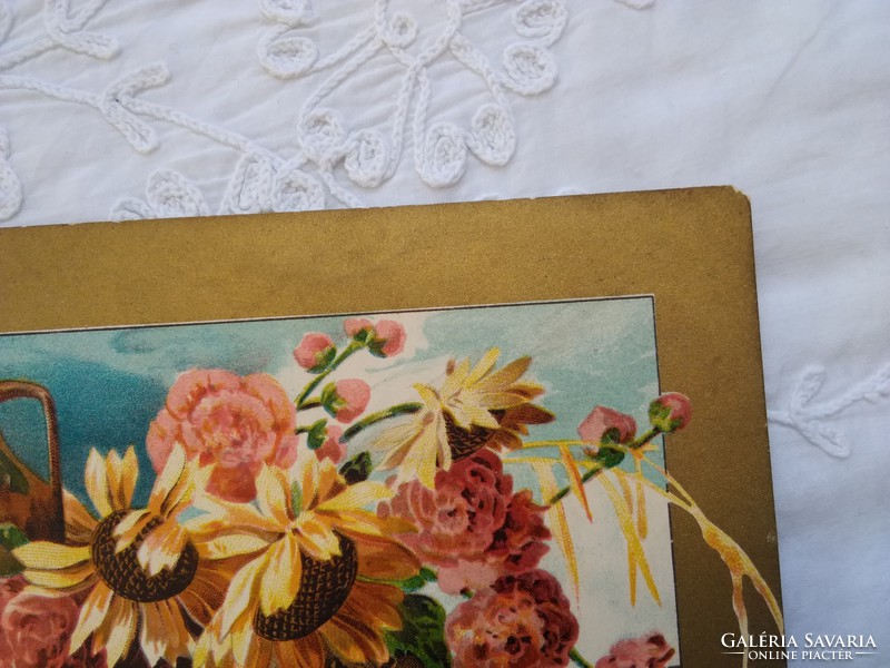 Antique long-engraved Art Nouveau gilded litho / lithographic postcard with flowers / sunflowers circa 1900