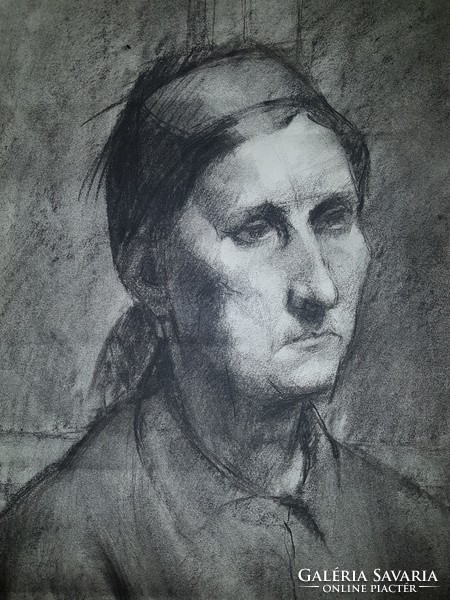 Female portrait of Aurél Bernáth, charcoal drawing