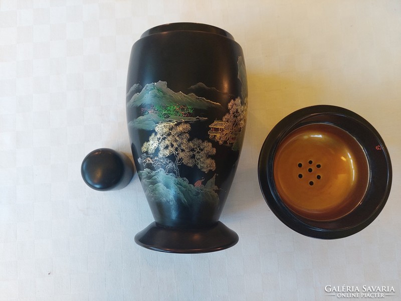 Vintage Chinese lacquer glasses set. Tea may be mulled wine. The jug is equipped with a filter.