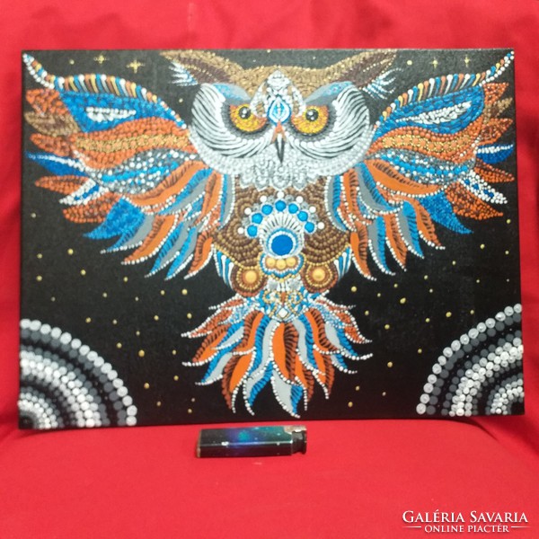 Stretched canvas dot painted owl mandala image, painting. 40 X 30 cm.