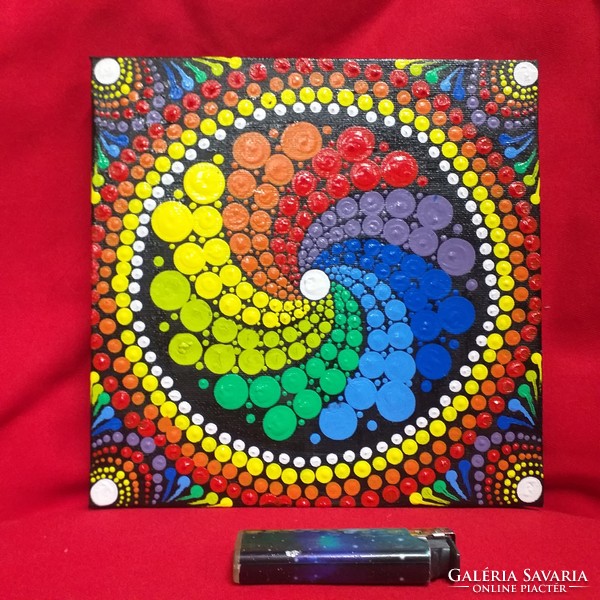 Stretched canvas dot painted rainbow mandala image, painting. 20 X 20 cm.