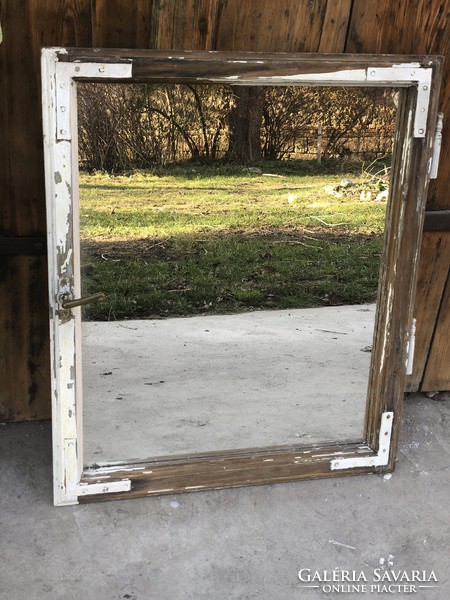 Old window frame mirror with copper handle