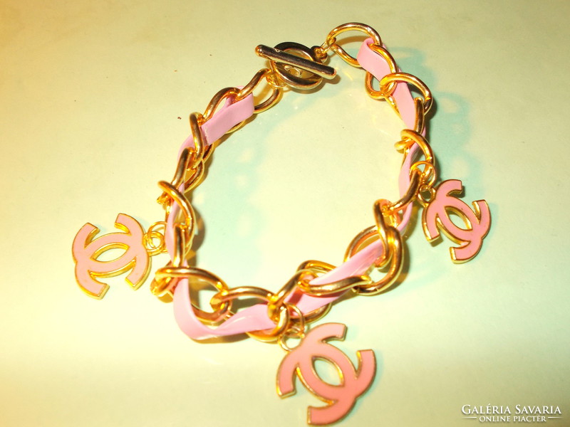 Pink - Gold Shiny Chanel Replica Leather Metal Bracelet with 3 Chanel Charm Pendants