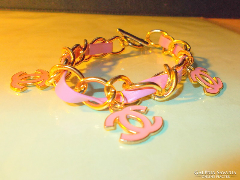 Pink - Gold Shiny Chanel Replica Leather Metal Bracelet with 3 Chanel Charm Pendants