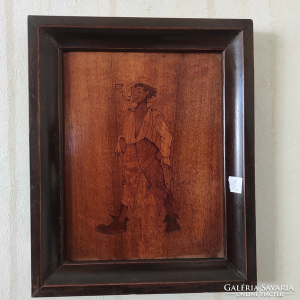 Antique marquetry picture, wooden frame, 1 or 2 pcs