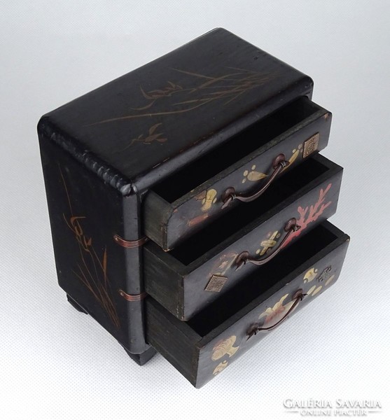1H183 antique oriental small three drawer hand painted black chinese jewelry cabinet