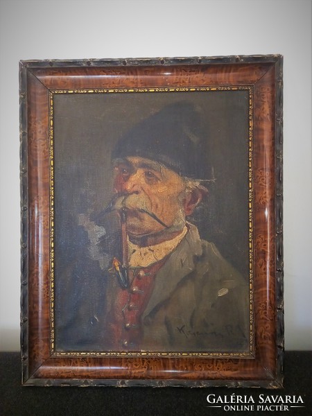 Portrait of Jenő Kasznár - old man smoking a pipe, circa 1920 oil painting, folk
