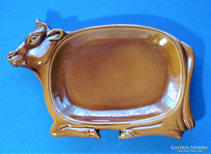 Cow-shaped, glazed ceramic serving bowl