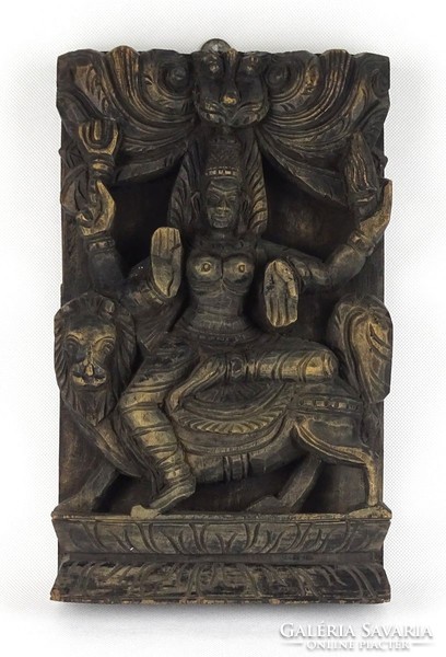 1H193 Nagyméretű keleti Siva fafaragás hindu falidísz 30.5 x 19 cm