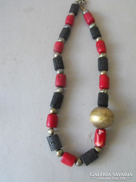 Coral, lava stone, cultured pearl necklace with silver clasp
