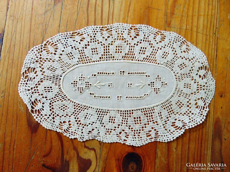 Old azure lace tablecloth, needlework under porcelain 15 x 10 cm.