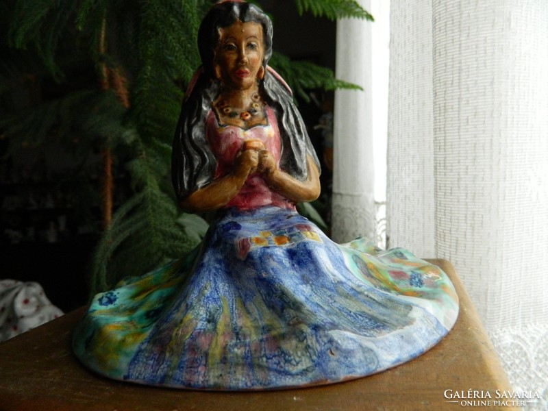 Applied art small sculpture ceramics: gypsy girl -marked: fábryné