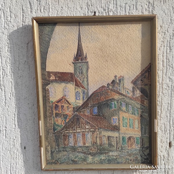 Jó kvalitású festmény,vízfestmény, Város jelenet  Jelzett :K.Meier kb 100 éves kép!