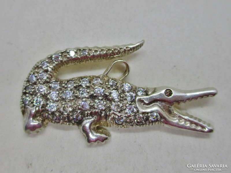 Wonderful old silver crocodile pendant with white stones