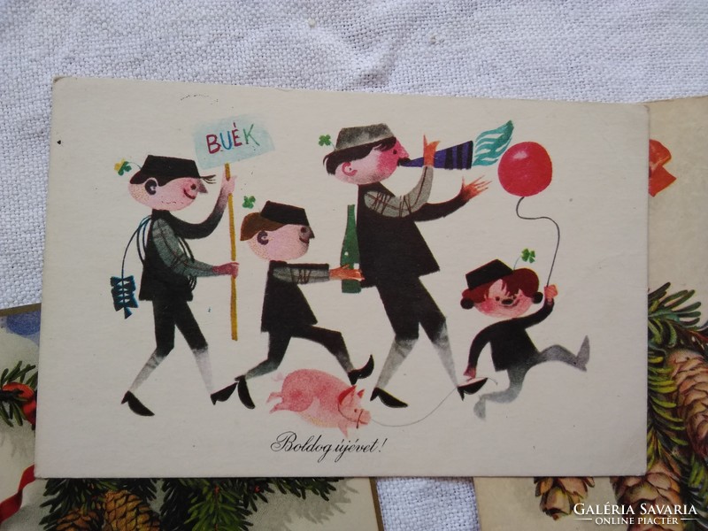 5 db régi grafikus/litho karácsonyi/újévi képeslap, fenyőág, toboz, kislány, játék, kéményseprő