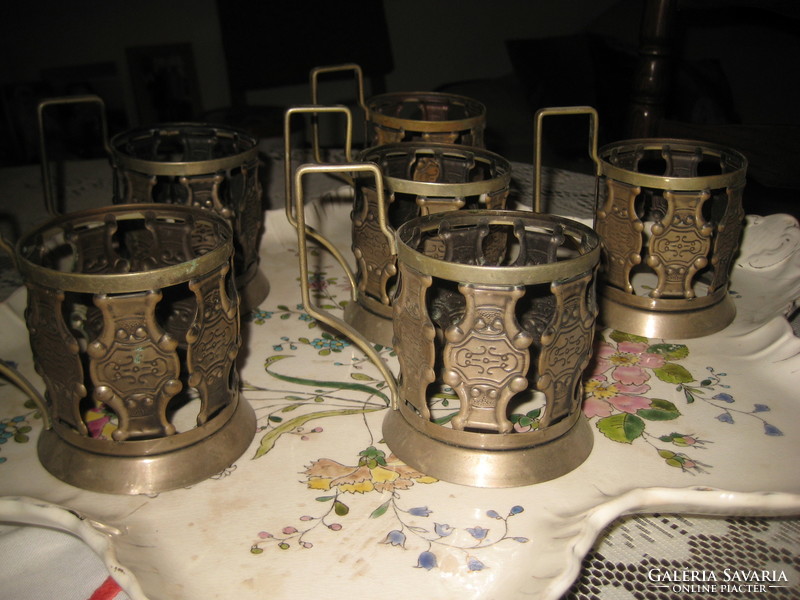 Russian metal, tea cup holder set, 6 pieces, inside size 6.7 Cm