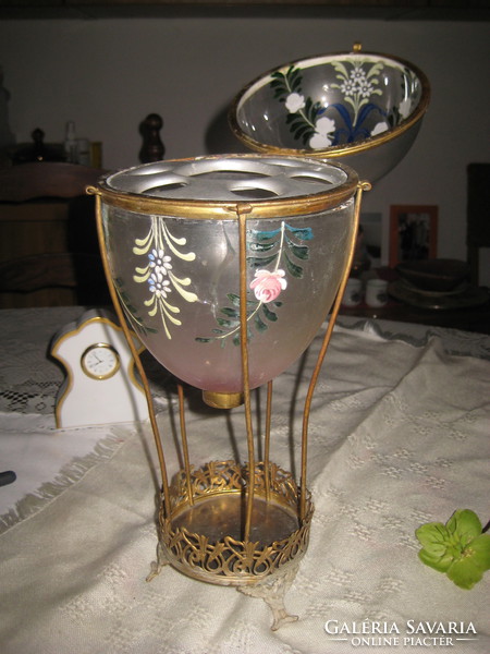 Openable glass egg with copper fitting, nice old hand-painted object with place for drink glasses