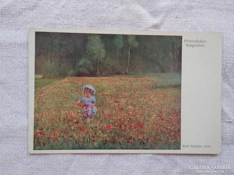 Antik művészlap/képeslap, kislány a pipacsmezőn, virágok 1910-20 körüli