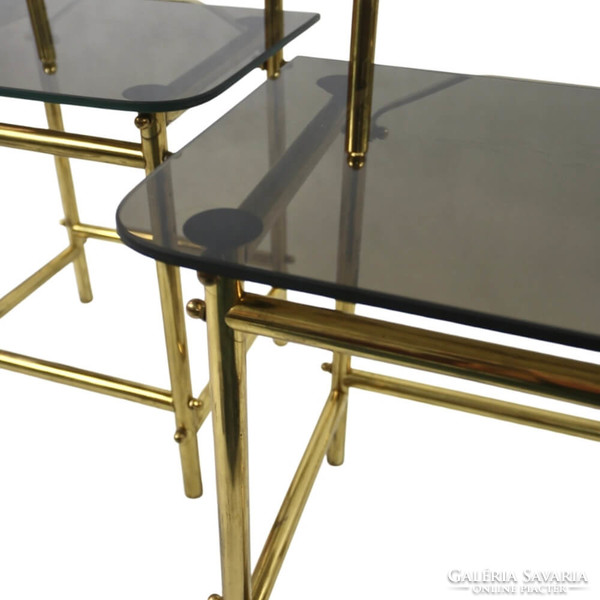 Vintage copper tubular frame bedside table with smoked glass shelf
