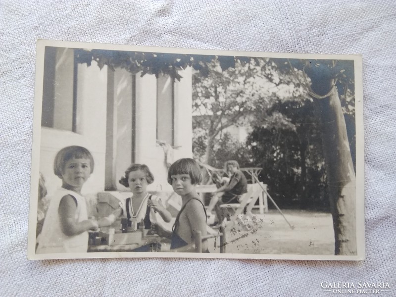 Old Hungarian photo sheet / picture of life, little children, little girls in the garden, toy 1932