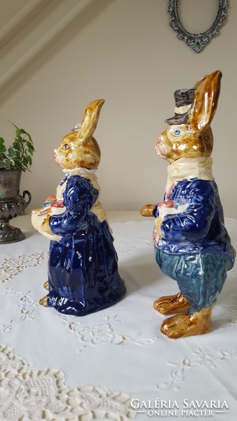Rare, beautiful unique English dedham, glazed ceramic pair of rabbits 26-28 cm.