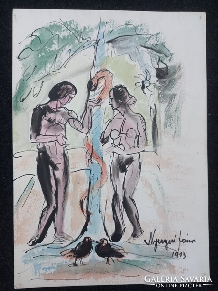 Nyergesi János - Bűnbeesés (Ádám és Éva), 1913, akvarell, tus (egyedi rajz)