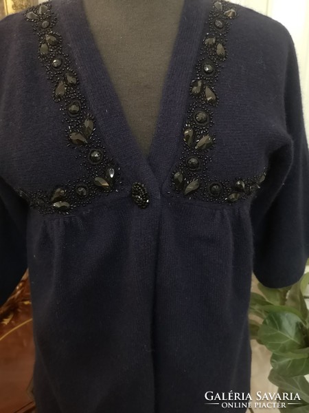 Next 14's 42's exclusive, 20% angora, 70% wool, hand-beaded dark blue, patent cardigan