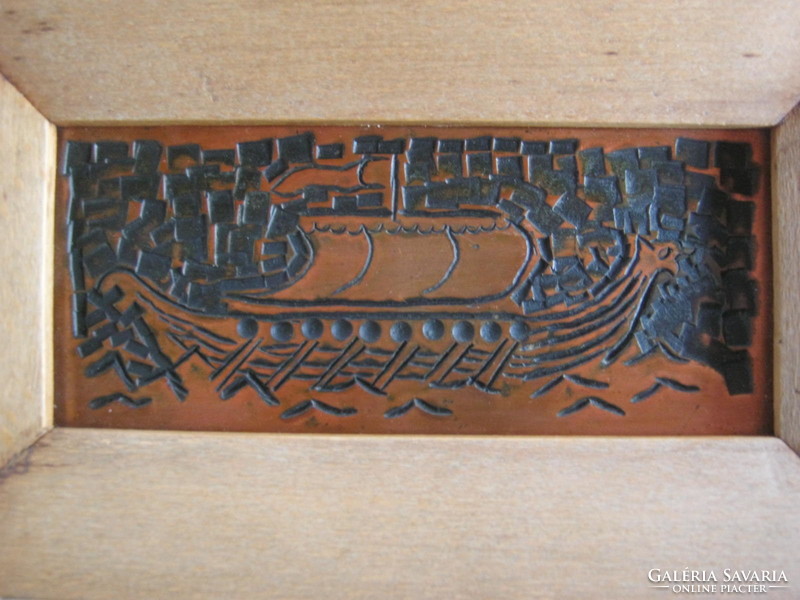 Retro ... iparművészeti bronz viking hajós fali plakett fa keretben