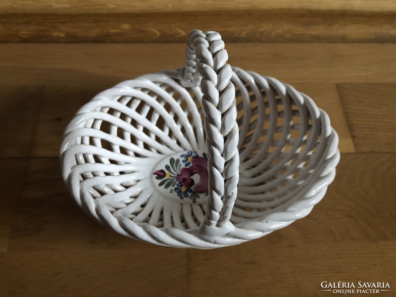 Hand-painted, signed floral patterned ceramic basket offering