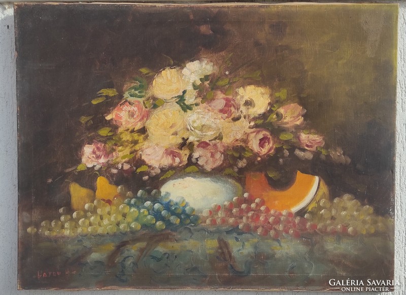 Beautiful oil on canvas table fruit still life, sign in good condition: hair