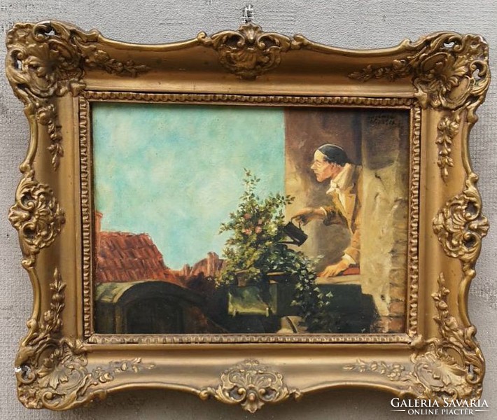 H. Carl.Austrian painter 1905: watering flowers. Oil on canvas wooden board.