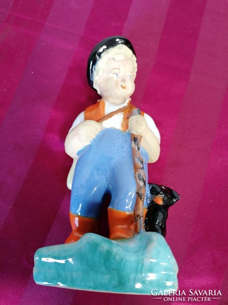 Szécsi ceramic shepherd boy with dog 16.5 Cm