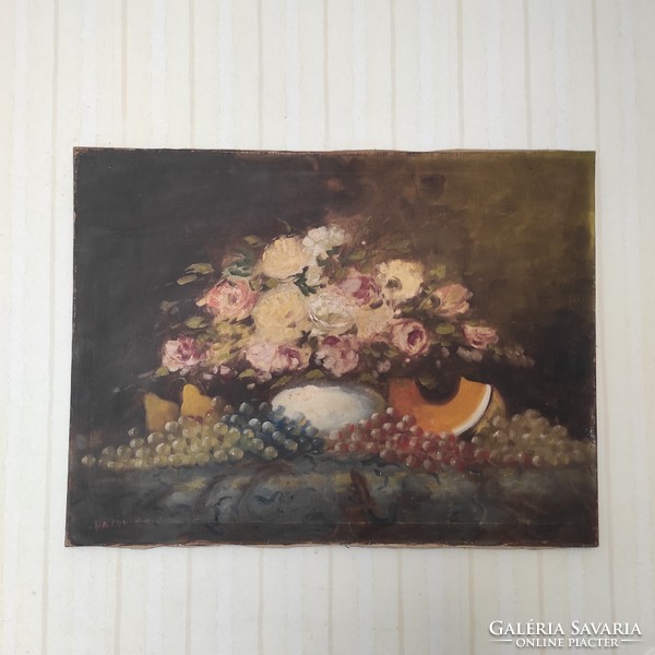 Beautiful oil on canvas table fruit still life, sign in good condition: hair