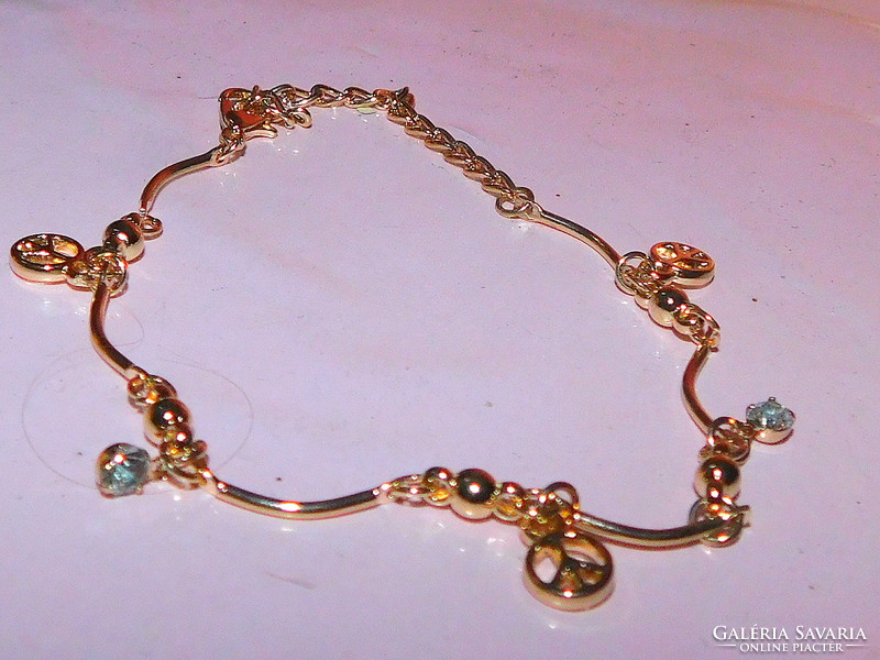 Peace symbol hanging crystal gold gloss bracelet - up to an ankle chain